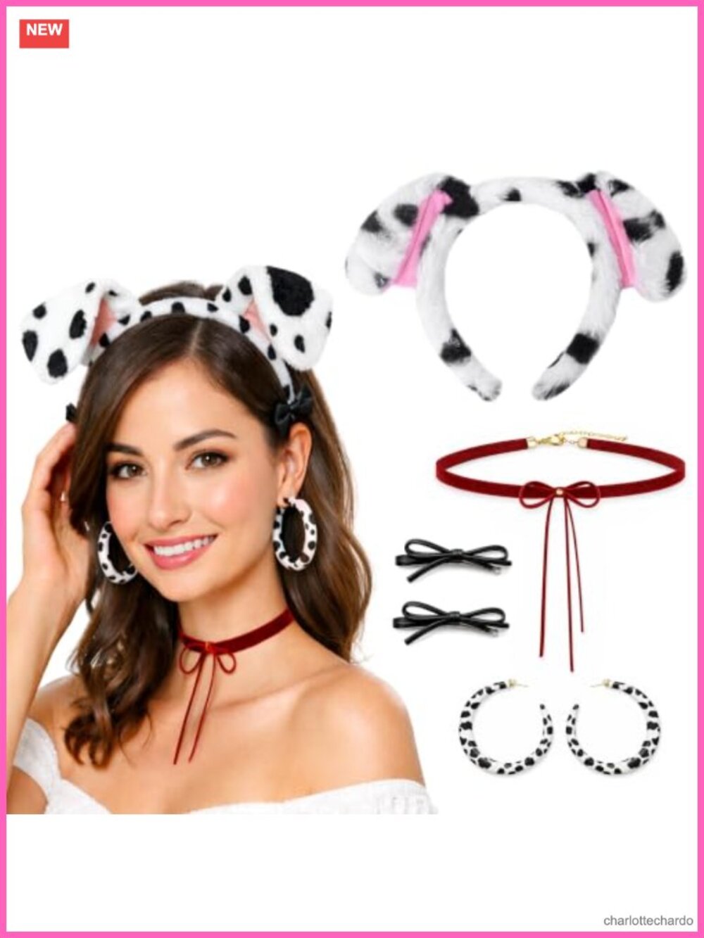 Dalmatian Costume Accessory Set Dog Ear Headband Hoop Earrings Velvet Choker
